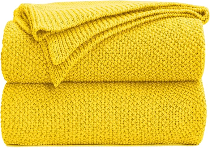 Longhui bedding Lemon Bright Yellow Cotton Cable Knit Throw Blanket for Couch Sofa Chair Home Decorative, Woven Throw Blankets 50 x 60 Inch 2.1 Pounds with a Washing Bag