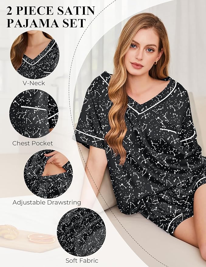 Silk Pajamas for Women Short Sleeve Satin 2 Piece Pj Set Soft V Neck Sleepwear Loungewear, S-XXL