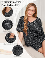 Silk Pajamas for Women Short Sleeve Satin 2 Piece Pj Set Soft V Neck Sleepwear Loungewear, S-XXL