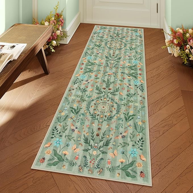 Lahome Chloe Insect Botanical 2x6 Rug Runners for Hallways Non Slip,Green Kitchen Runner Rugs Washable Bathroom Carpet Runner,Soft Non Slip Indoor Runners for Entryway Laundry Bedroom(Green,2x6)