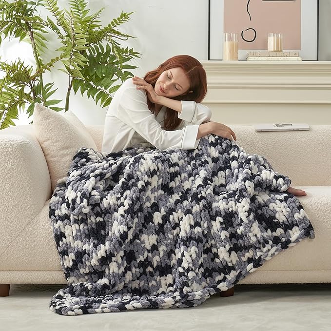 Amélie Home Chunky Knit Throw Blanket for Couch, Soft Chenille Handmade Crochet Throw Rope Knot Blanket for Couch, 50"x60", Space-Dyed Black