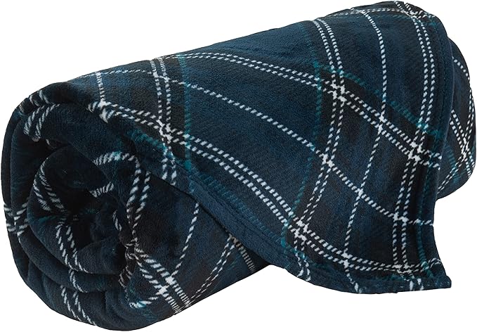 Elegant Comfort Luxury Velvety Feel Blanket, All-Season Lightweight Blanket, Ultra Plush, Soft, Cozy-Fuzzy Flannel Fleece for Couch, Sofa, Bed, Travel, Plaid Design, King/California King, Navy