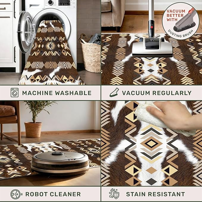 Western Runner Rug,4x8ft,Farmhouse Cow Print Runner Rug,Southwestern Native American Aztec Kitchen Rugs,Soft Non-Slip Washable Rustic Cabin Decor Cowhide Rugs,for Hallways Entry Western Decor