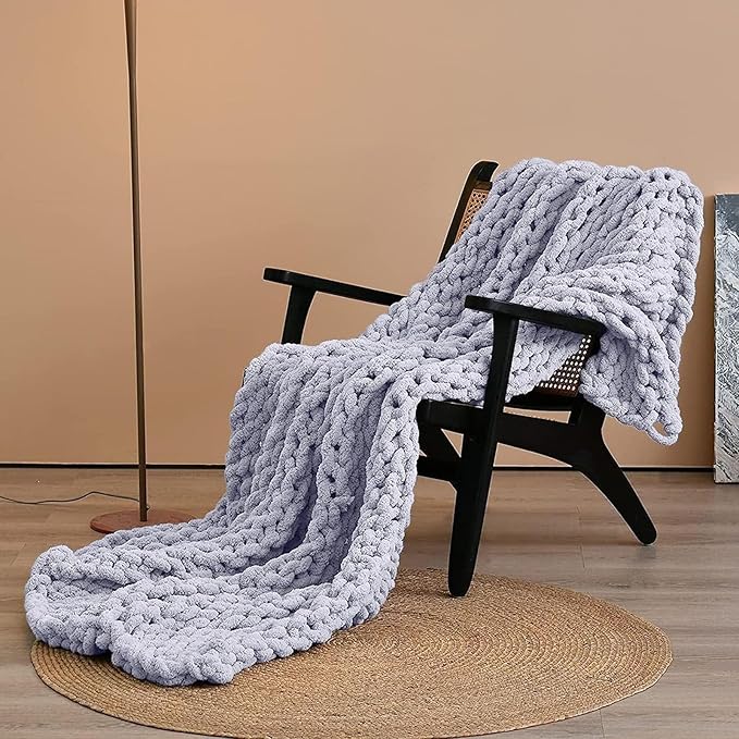 Wttfc Chunky Knit Throw Blanket, Handmade Soft Chenille Yarn Throw Blanket, Thick Cable Knitted Blankets, Large Rope Knot Crochet Blankets for Couch Sofa Bed Home Decor,Gray,60x60cm