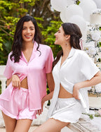 HOTOUCH Womens Satin Pajamas Set Button Down 2 Piece Silk Pjs Shorts Set Ruffle Lingerie Notch Collar Sleepwear