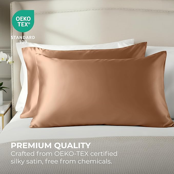 Pure Bedding Satin Pillowcase 2 Pack - Queen Size (20"x30", Rose Gold) - Silky Pillow Cases for Hair and Skin - Satin Pillow Covers with Envelope Closure - Extra Soft Premium Microfiber