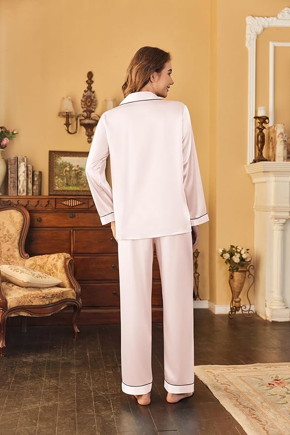 Ekouaer Women's Classic Button Down Long Satin Silk Pajama Set