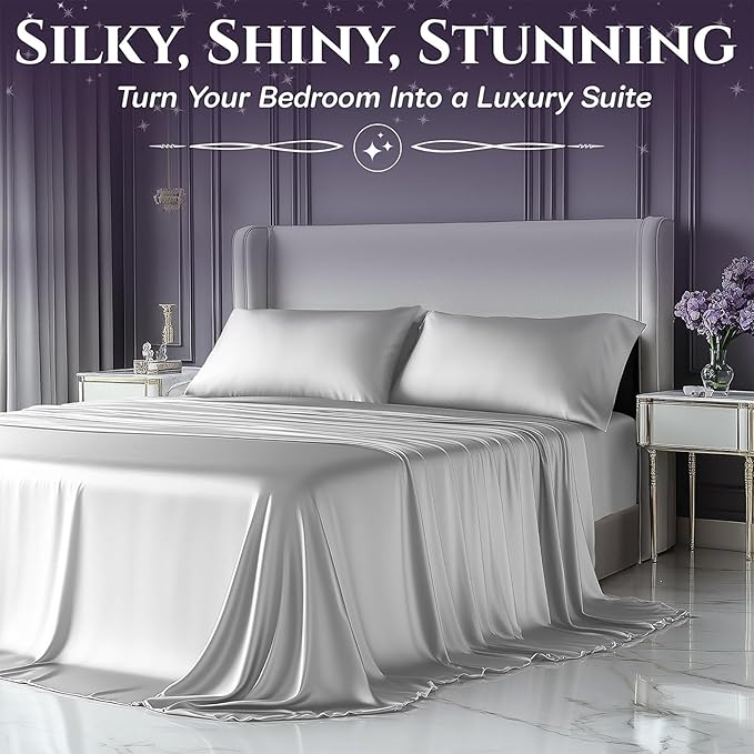 SLEEP SANCTUARY Satin Sheets Queen Size – 4 Piece Luxury Silky Bed Set, Softer Than Silk, 15" Deep Pocket, Cooling & Wrinkle-Free, Moisture-Wicking & Breathable for Hair & Skin (White)