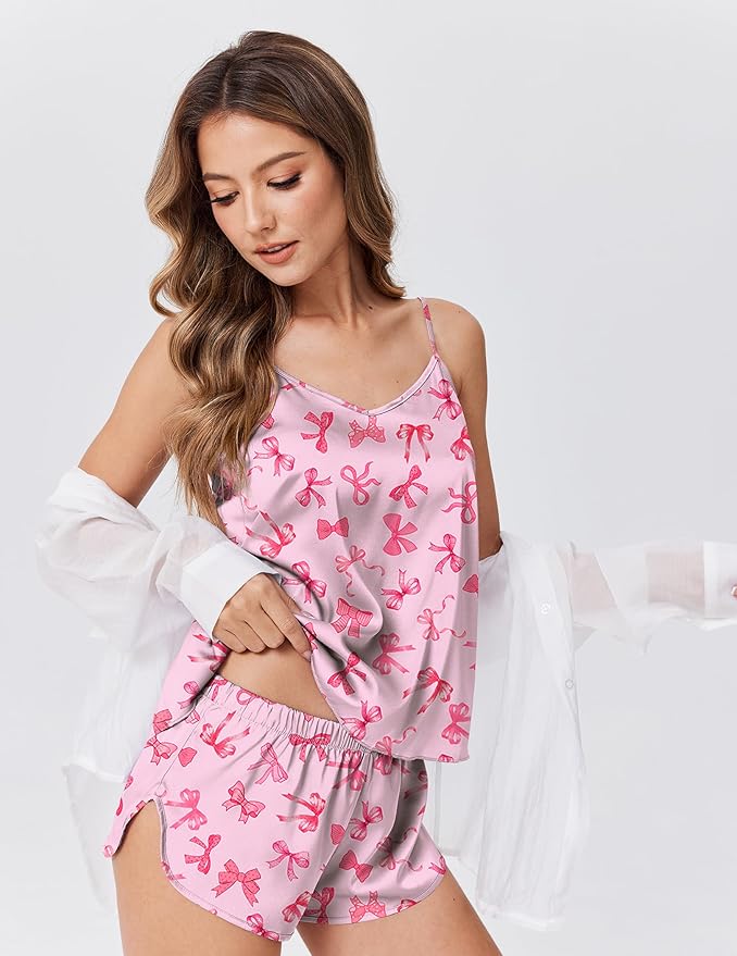 Ekouaer Satin Pajamas Set for Women Silk Cami Pjs Sets Soft Sleepwear V Neck Camisole Top and Shorts