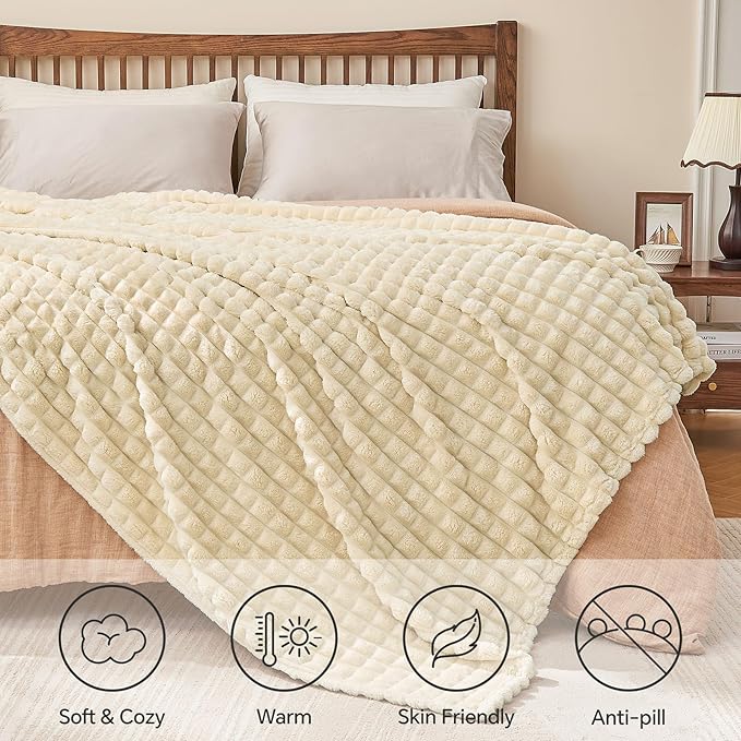 BEDELITE Beige Throw Blanket Twin Size for Bed- Super Soft and Warm 3D Checkered Fluffy Fuzzy Fleece Blanket, Luxurious Plush Cozy Blanket for Room Decor Fall and Winter, 60x80 inches