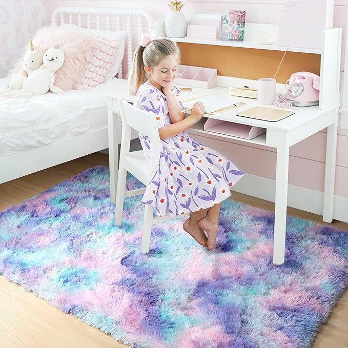 Amdrebio Purple Rainbow Area Rugs for Bedroom Girls Room Decor, Colorful Mermaid Stitch Frozen Kids Rugs for Playroom Nursery Dorm, Fluffy Furry Cute Shag 3x5 Small Kawaii Carpet for Baby Toddler