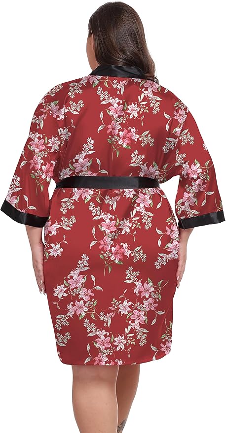 Women's Plus Size Satin Kimono Robes Short Silky Bathrobe Wedding Getting Ready Sleepwear Loungewear