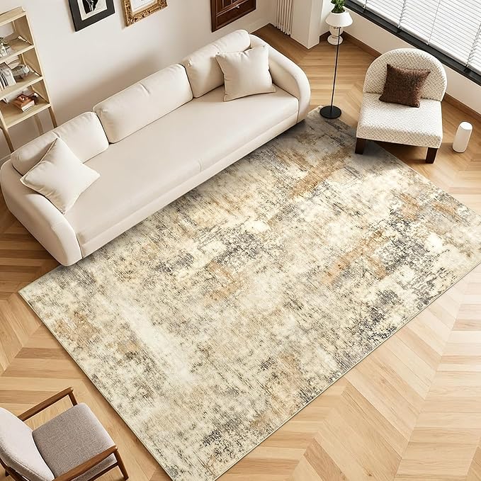 CRYPTOLITE Area Rugs 9x12 Rug for Living Room Abstract Washable Rug with Non-Slip Backing Low Pile Area Rugs for Bedroom, Dining Room, Khaki