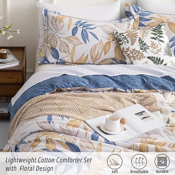 ALEISSEL Blue Botanical Cotton Comforter Queen Size - 3PC Lightweight Bedding Sets with Ultra-Soft Alternative Fill, Reversible Design with Leaf Pattern, Dark Blue & White (1 Comforter, 2 Pillowshams)
