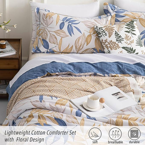 ALEISSEL Blue Botanical Cotton Comforter King Size - 3PC Lightweight Bedding Sets with Ultra-Soft Alternative Fill, Reversible Design with Leaf Pattern, Dark Blue & White (1 Comforter, 2 Pillowshams)