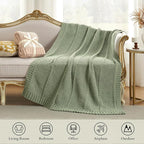 Amélie Home Knit Throw Blanket, Soft Chenille Cozy Breathable Chevron Chunky Decorative Blanket for Couch, Bed & Sofa, French-Inspired Lightweight Warm Gift for Women, Sage Green, 60"x80"