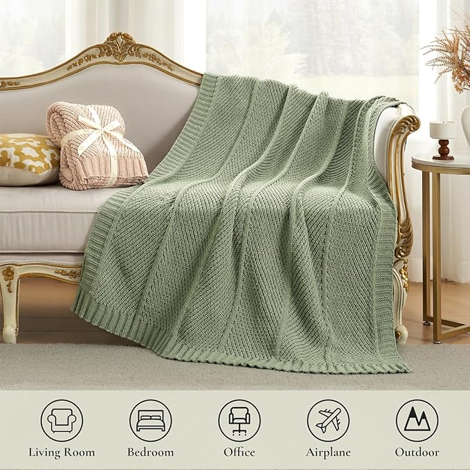 Amélie Home Knit Throw Blanket, Soft Chenille Cozy Breathable Chevron Chunky Decorative Blanket for Couch, Bed & Sofa, French-Inspired Lightweight Warm Gift for Women, Sage Green, 60"x80"
