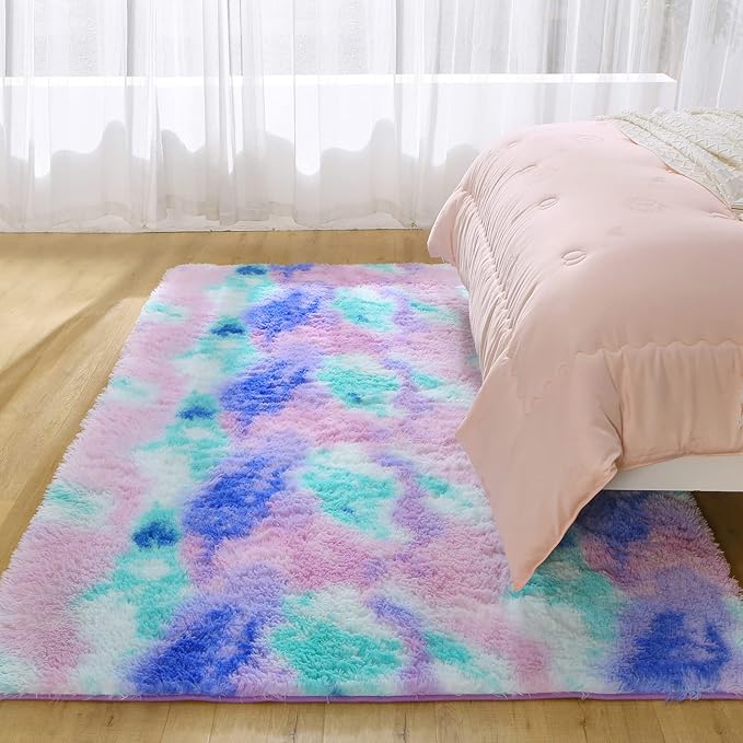 Fluffy Shaggy Area Rug for Girls Bedroom, 4 x 6 Feet Modern Fluffy Area Rug, Purple Blue Tie Dye Soft Plush Carpet for Living, Kids Girls Boys Teens Room, Bedsides, Home Office Decor