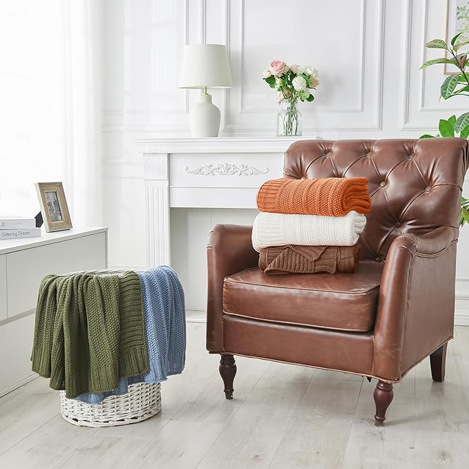 Douceur Orange Throw Blanket for Bed, Soft Cozy Lightweight Stripe Pattern Knitted Throw Blanket for Sofa, Living Room Gift, 50"X60"