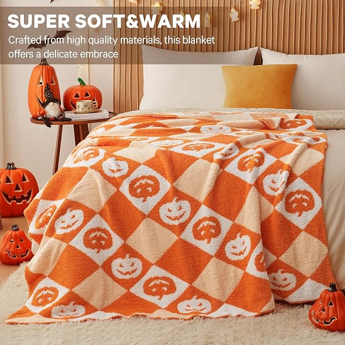 CYMULA Halloween Knit Throw Blanket - Pumpkin Blanket for Couch, Soft Cozy Lightweight Fluffy Blanket for Fall Decor, 50"x60"