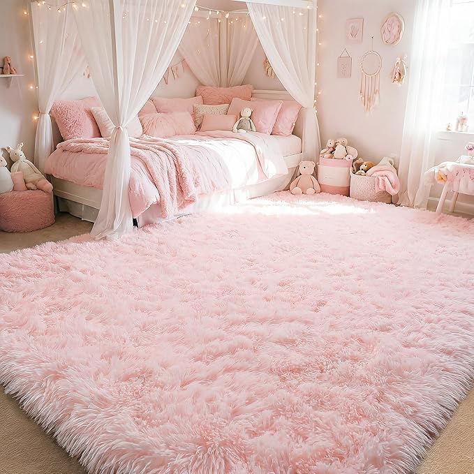 Amdrebio Pink Area Rugs 8x10 for Living Room, Large Fluffy Shag Rug for Bedroom, Kids Room Decor, Big Cute Furry Carpet for Teen Girls, Baby Nursery, Classroom, Soft Fuzzy Cozy Carpets for Playroom