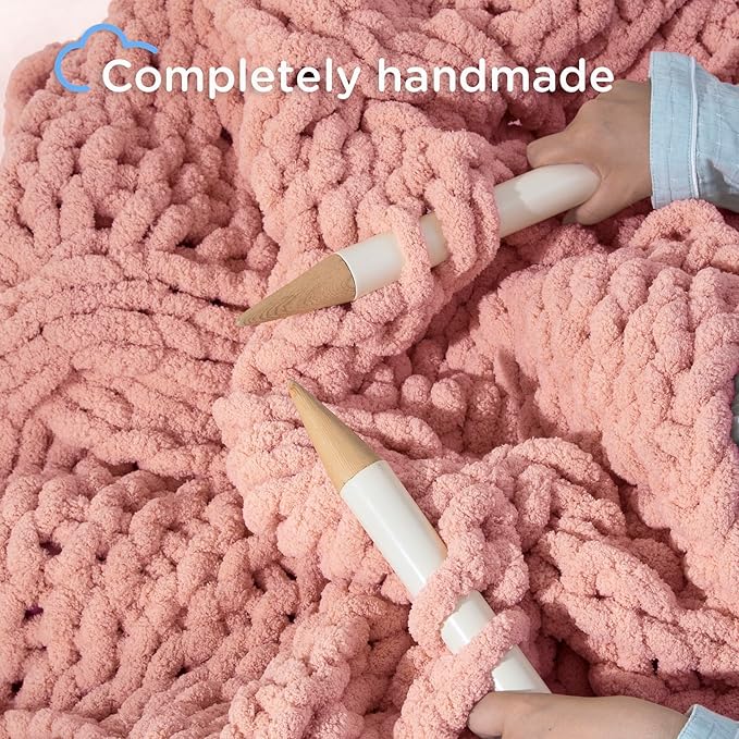 Chunky Knit Blanket Throw - 100% Hand Knitted Chunky Soft Throw Blanket for Couch, Thick and Warm Blanket for Winter, Pink, 40x50 Inches