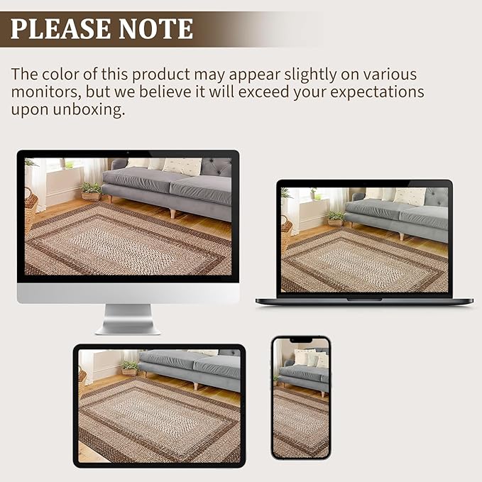 Modern Bordered Round Area Rug 4ft Washable Bedroom Circle Rugs Non Slip Stain Resistant Dining Room Round Throw Carpet Contemporary Circle Mats for Living Room Kitchen Nursery, Brown