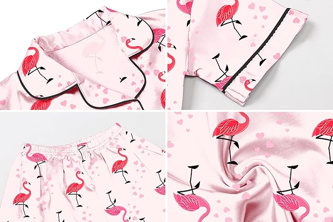 Umeyda Girls Womens Pajamas Set, Satin Silky Button Down Loungewear 2 Piece Short Sleeve Pants PJS Sets for Mommy Kids