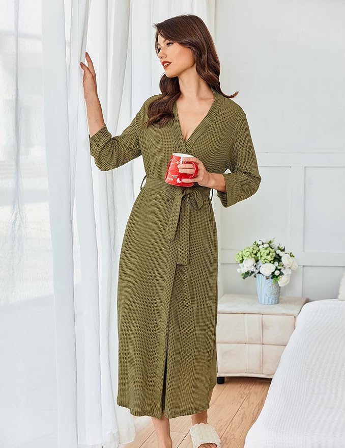 Ekouaer Women's Robe Long Waffle Knit Bathrobe Lightweight Soft Kimono Robes Loungewear S-XXL