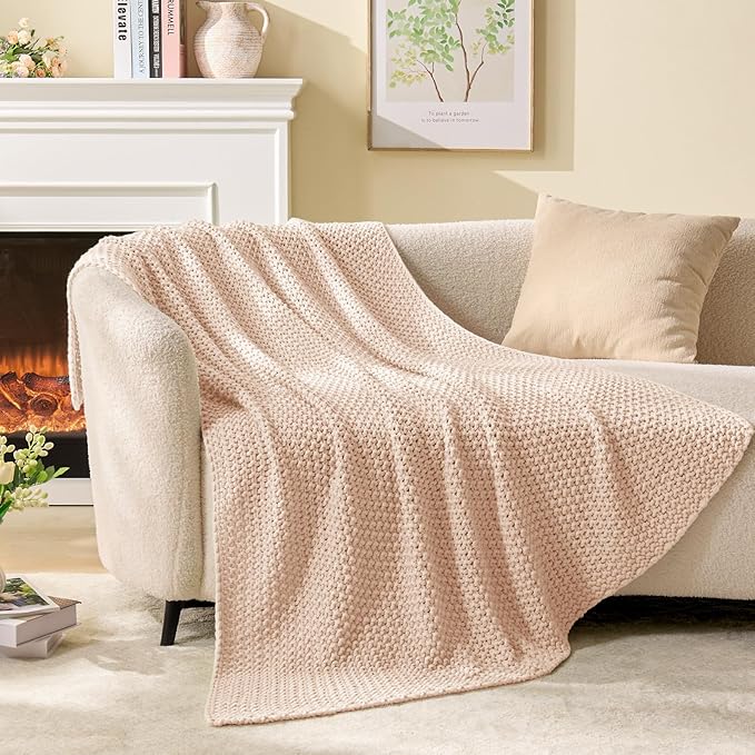 BEDELITE Chunky Cable Knit Throw Blanket for Couch,Super Soft Cozy Woven Blanket for Room Decor,60"x80", Pink