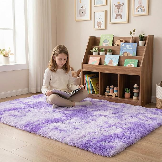 duduta Purple Plush Rugs for Bedroom 4x6 ft, Tie Dye Fluffy Carpet for Living Room, Shag Rug for Kids Room Dorm Nursery Playroom