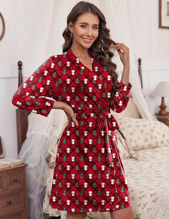 Ekouaer Women‘s Robes Lightweight 3/4 Sleeve Short Knit Bathrobe Soft Knee Length Sleepwear Robes with Pockets S-XXL