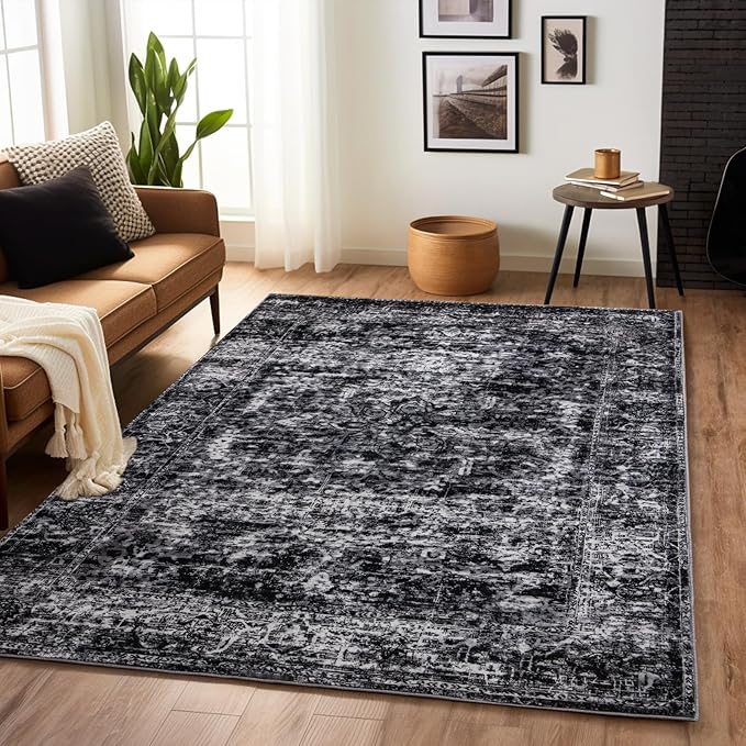 Washable Area Rug 4x6 – Soft Vintage Black and Grey Distressed Carpet for Bedroom, Living Room, Entryway, Kitchen, or Office – Low Pile Indoor Mat for Home Decor