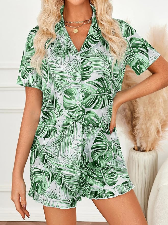 LILLUSORY Womens Satin Silk Pajamas Set 2 Piece Ruffle Pjs Winter Matching Lounge Sleepwear Button Down Striped Shirt Shorts
