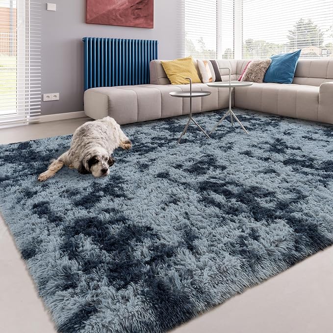 Softlife Area Rug for Living Room, Fluffy Shag Plush 6x9 Blue Rugs for Bedroom Girls Kids, Shaggy Soft Fuzzy Tie Dyed Large Carpet for Dorm Bedside Ultra Cozy Non-Slip Indoor Decor
