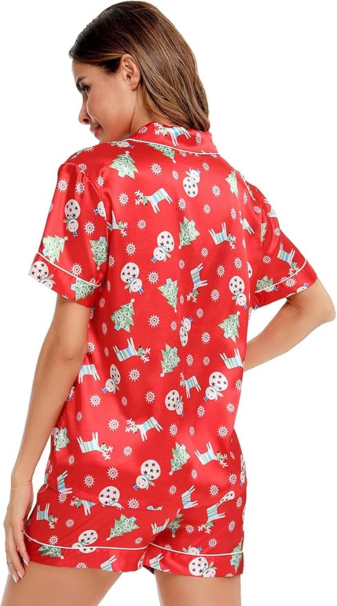 SWOMOG Womens Silk Satin Pajamas Set Short Sleeve Sleepwear Button Down Top and Shorts Loungewear 2 Piece Pjs Set XS-3XL