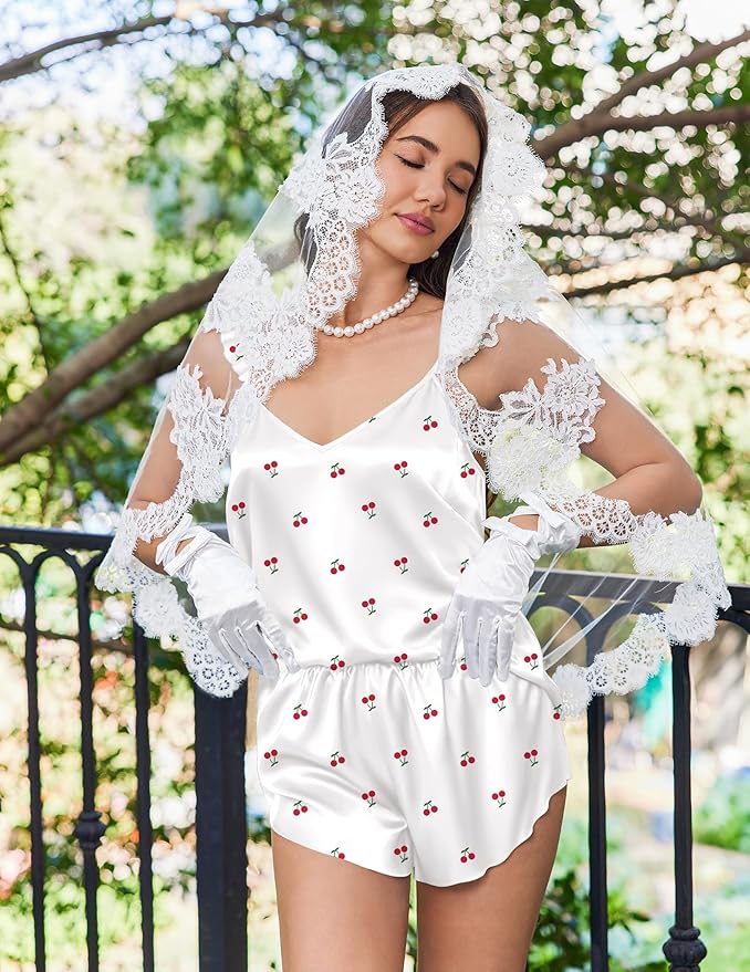 Ekouaer Satin Pajama Set for Women, Backless Silk Lingerie Pjs Back Tie-up Camisole Top and Shorts with Ruffle Sleepwear
