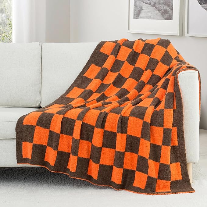 Carriediosa Checkered Throw Blanket 50" X 60", 400GSM Ultra Soft Microfiber Fuzzy Fluffy Reversible Cute Preppy Knitted Blankets Cozy Plush Fall Throws for Couch, Bed, Sofa, Burnt Orange