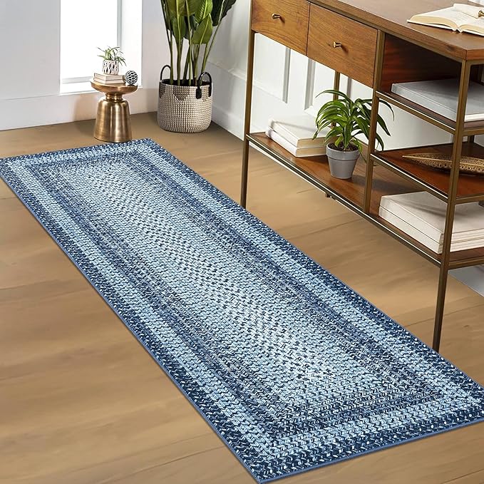 RUGSREAL Runner Rug 2x8 Machine Washable Hallway Runner Rug Entryway Long Runner Carpet Braided Printed Throw Mat Non Slip Kitchen Mat Living Room Rustic Carpet for Bedroom Dining Room, Blue