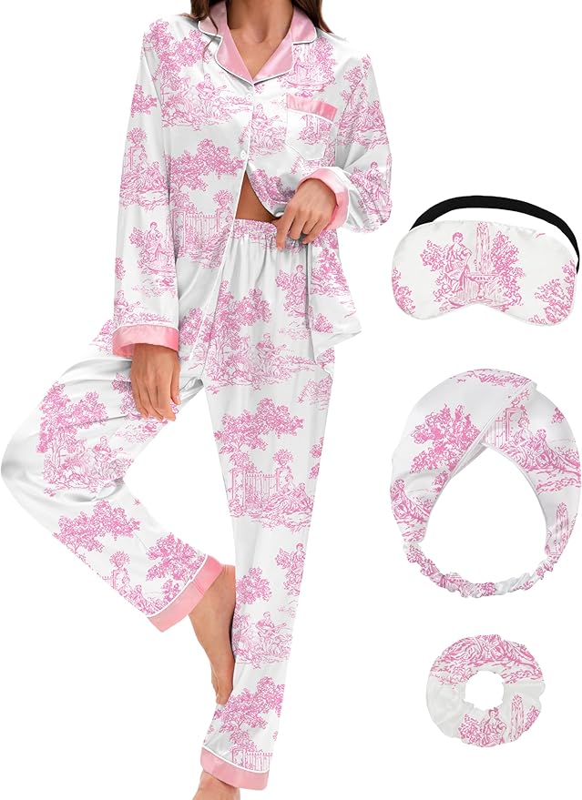 EPLAZA Silk Pajamas for Women Satin Pajamas Set 5 Pcs Long Sleeve Print Pattern Button Down Pjs Sleepwear Loungewear Set