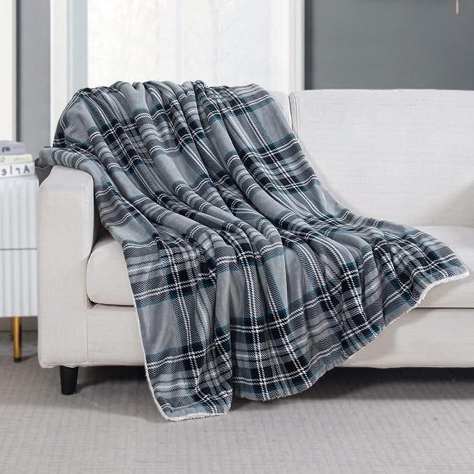 Elegant Comfort Throw Blanket, Reversible Sherpa Flannel, Ultra-Soft, Fuzzy, Cozy and Plush- All Season Lightweight Decorative Throw, 50 x 60 inches, Plaid Design Sherpa Throw, Silver Gray