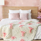 Mindsoft Pink Bow Chunky Knit Blanket Throw Large 50" X 60" 100% Handmade Cream Chenille Loop Yarn Fluffy Soft Knitted Throw Big Cozy Thick Cable Knit Crochet Blanket for Couch Sofa Bed