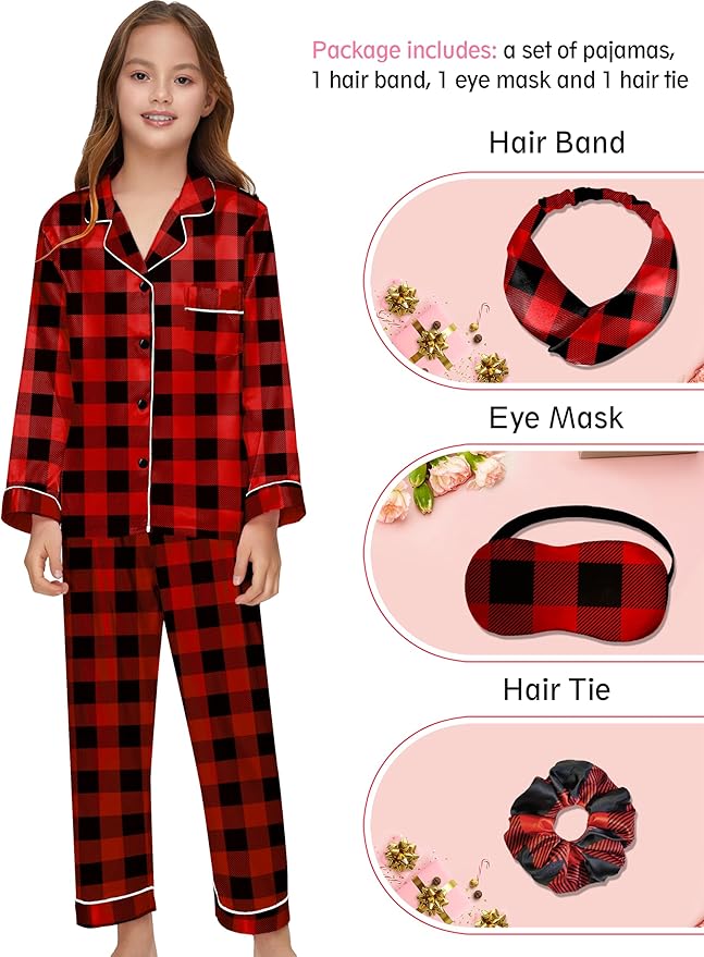 EPLAZA Kids Satin Pajamas Sets Girls Boys Button-Down Silky Pajamas Sleepwear with Hairband Eye Mask Hair Tie