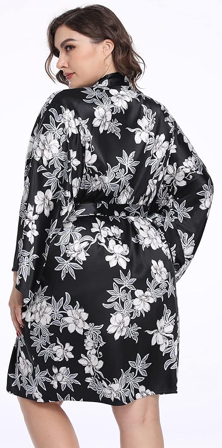 Women's Plus Size Satin Kimono Robes Short Silk Bathrobe Bridesmaid Wedding Party Nightgown Sleepwear