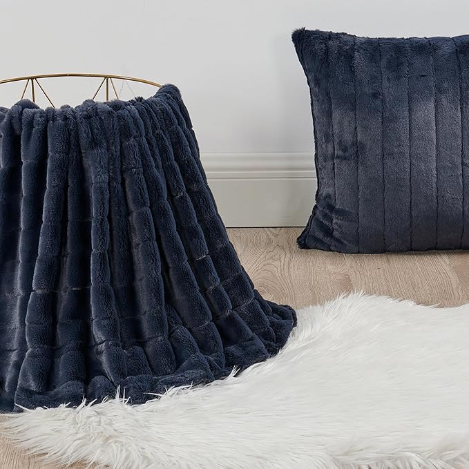 Striped Throw Blanket and Pillow Covers Set (No Inserts) for Couch and Bed, Plush Warm Lightweight Fuzzy Faux Fur Blanket for All Seasons (50" x 60", Dark Blue)
