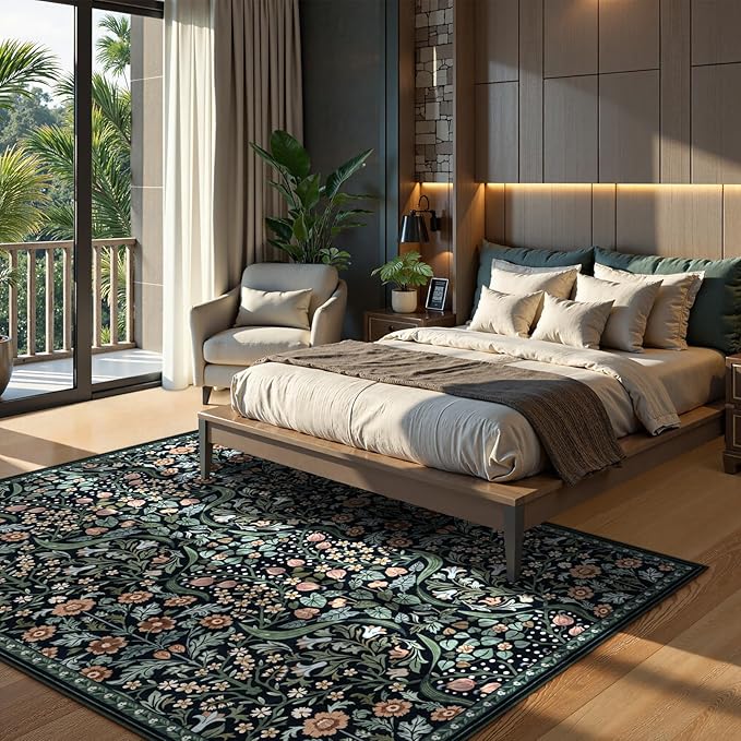Lahome Claude Floral Bedroom Rugs, 6x9 Black Area Rugs for Living Room, Boho Thin Stain Resistant Carpet for Dining Room, Washable Area Rug Non Slip for Guestroom