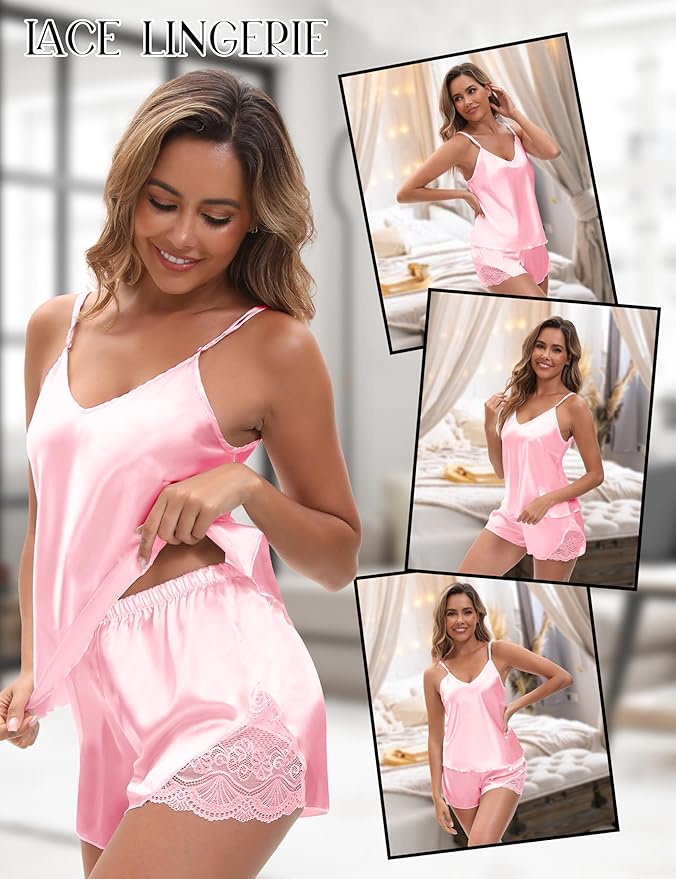 EPLAZA 3 Pcs Silk Pajamas for Women Satin Pajama Set Sexy Lace V-neck Cami Top Shorts Pjs Set with Robe Sleepwear