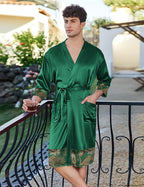 Ekouaer Mens Satin Robe Lightweight Silky Kimono Bathrobe 3/4 Sleeve Spa Knee Length Loungewear with Pockets S-3XL