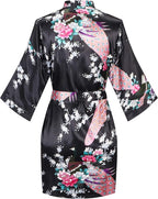 Women's Short Kimono Robes Bride and Bridesmaid Satin Floral Bathrobe Peacock Sleepwear Dressing Gown for Wedding Party