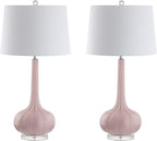 JONATHAN Y 28.5" Pink Glass Teardrop LED Table Lamp Set of 2 for Living Room Bedroom Nightstand, White Linen Shade Modern Transitional Bedside Desk Lamp JYL1079A-SET2